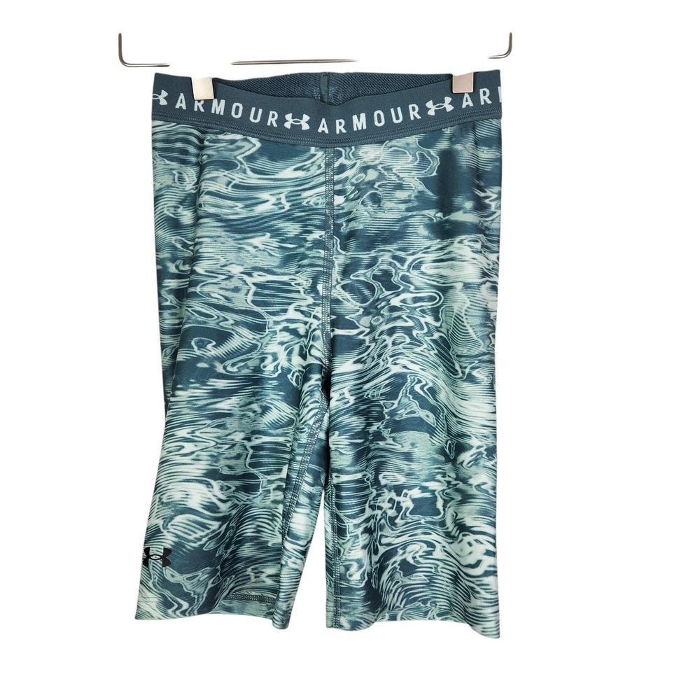 UNDER ARMOUR HeatGear Compression Shorts Womens XS Blue Water Print 9" Athletic